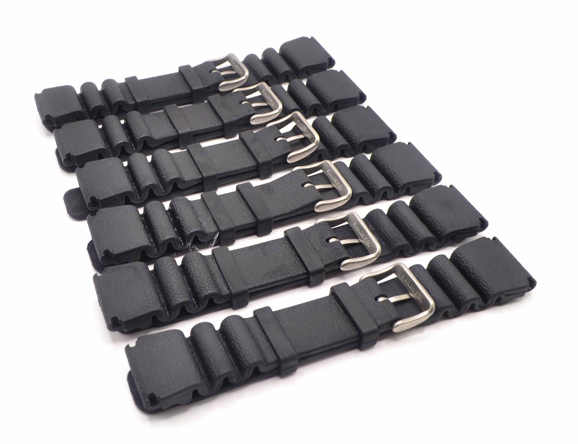 A pack of 6 black rubber watch straps with stainless steel buckles, arranged neatly. The straps are 24mm wide and designed for durability and comfort, with approximate dimensions of 144mm/100mm.