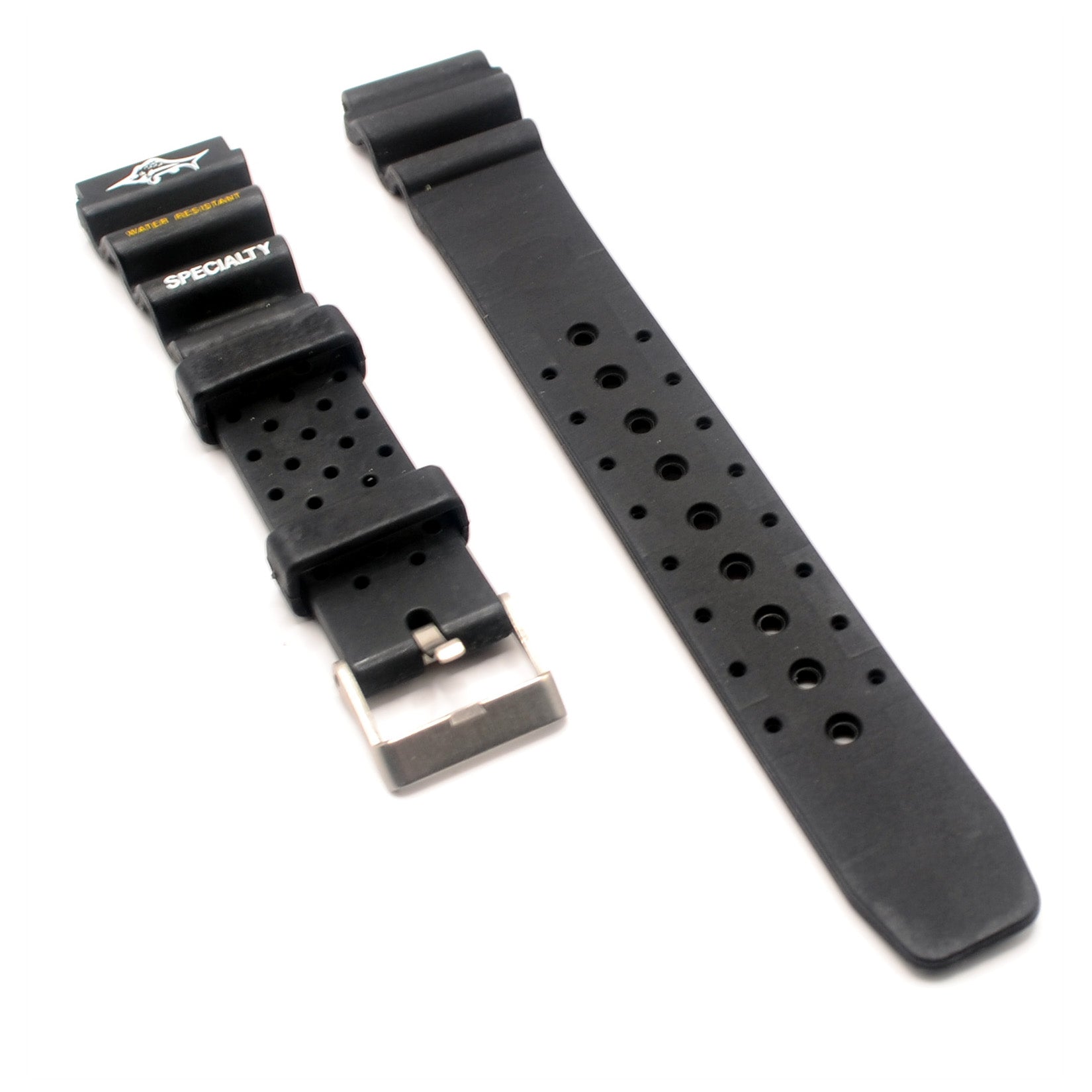 Black 18mm rubber dive watch strap with perforated design and stainless steel buckle.