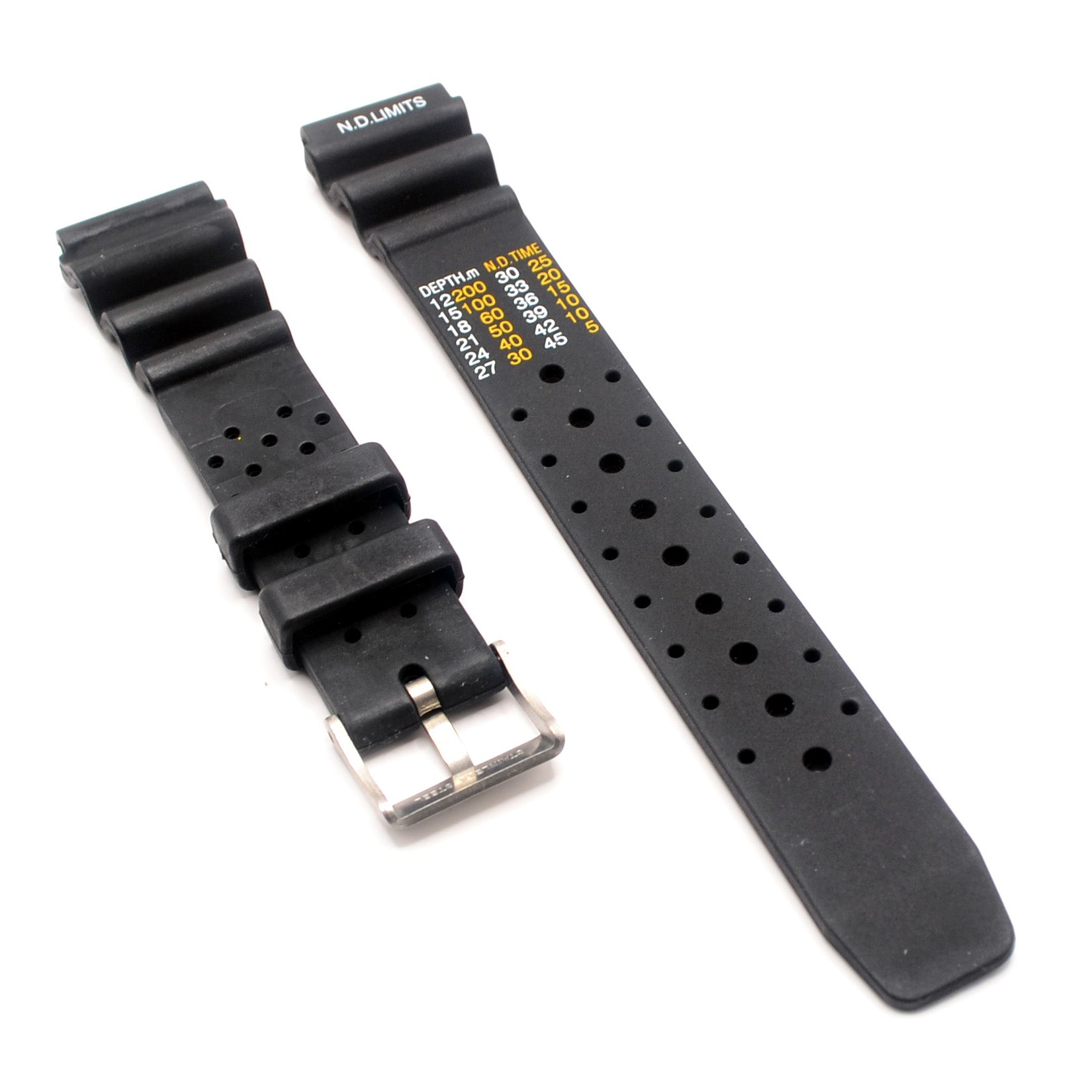 18mm black rubber watch strap featuring N.D. Limits guide and perforated design for dive watches.