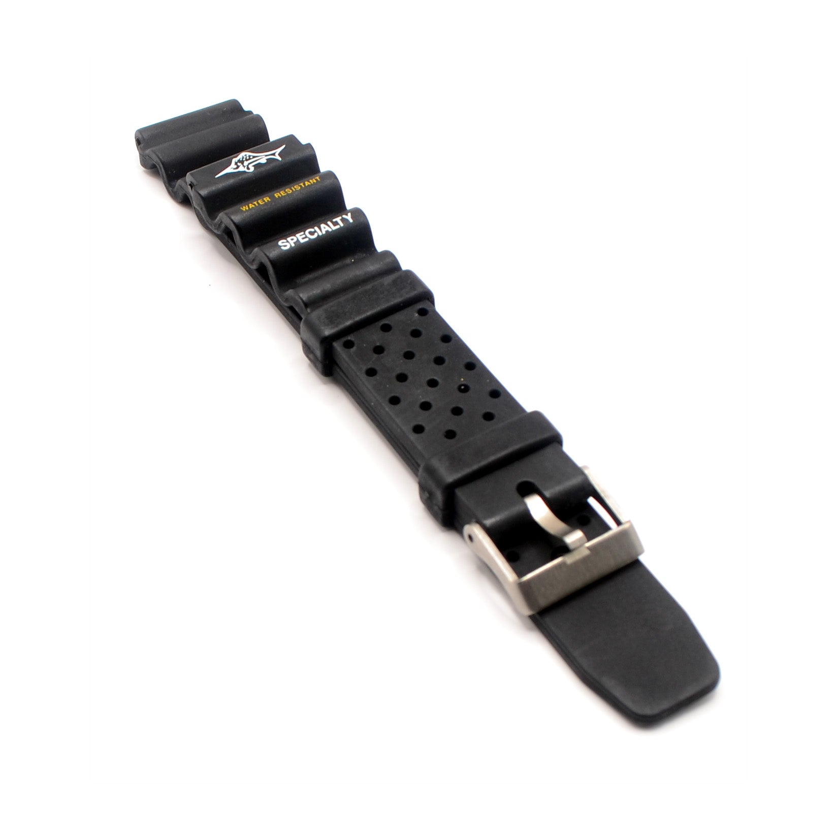 Specialty Shark 18mm black rubber dive watch strap with water-resistant branding and stainless steel buckle