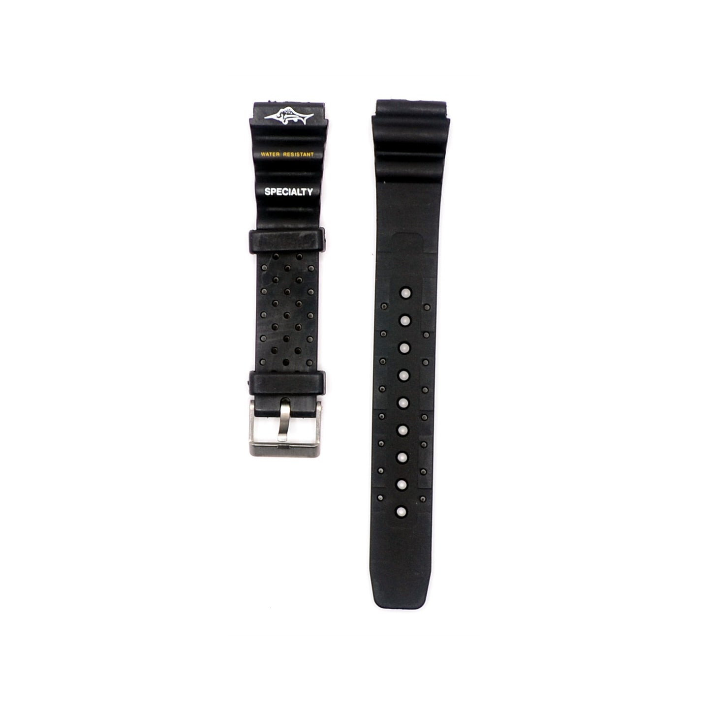 Front and back view of black 18mm rubber dive watch strap with perforated design and water-resistant branding