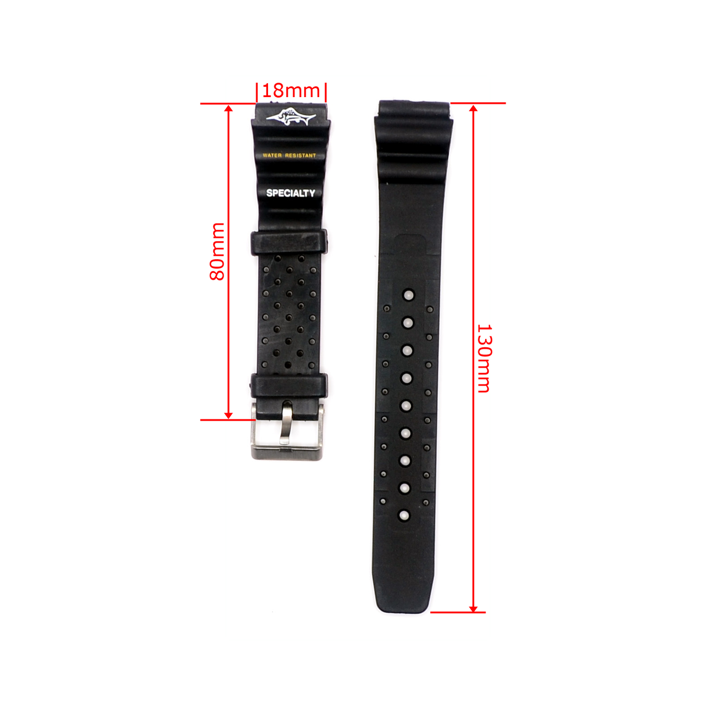 18mm black rubber dive watch strap with dimensions showing 80mm short side and 130mm long side.