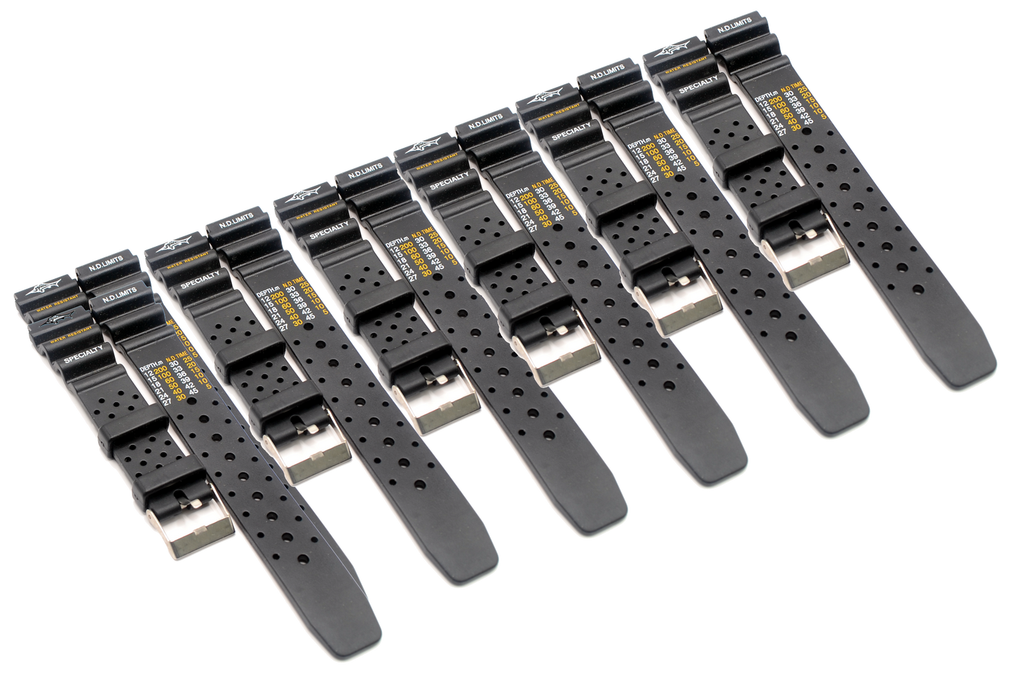 Job lot of 6 black rubber watch straps laid out in a row, each with perforated design and stainless steel buckles.