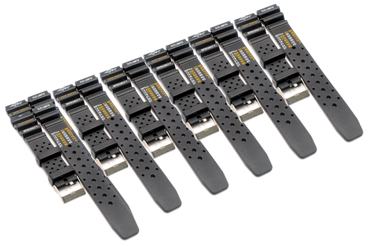 Job lot of 6 black rubber watch straps laid out in a row, each with perforated design and stainless steel buckles.