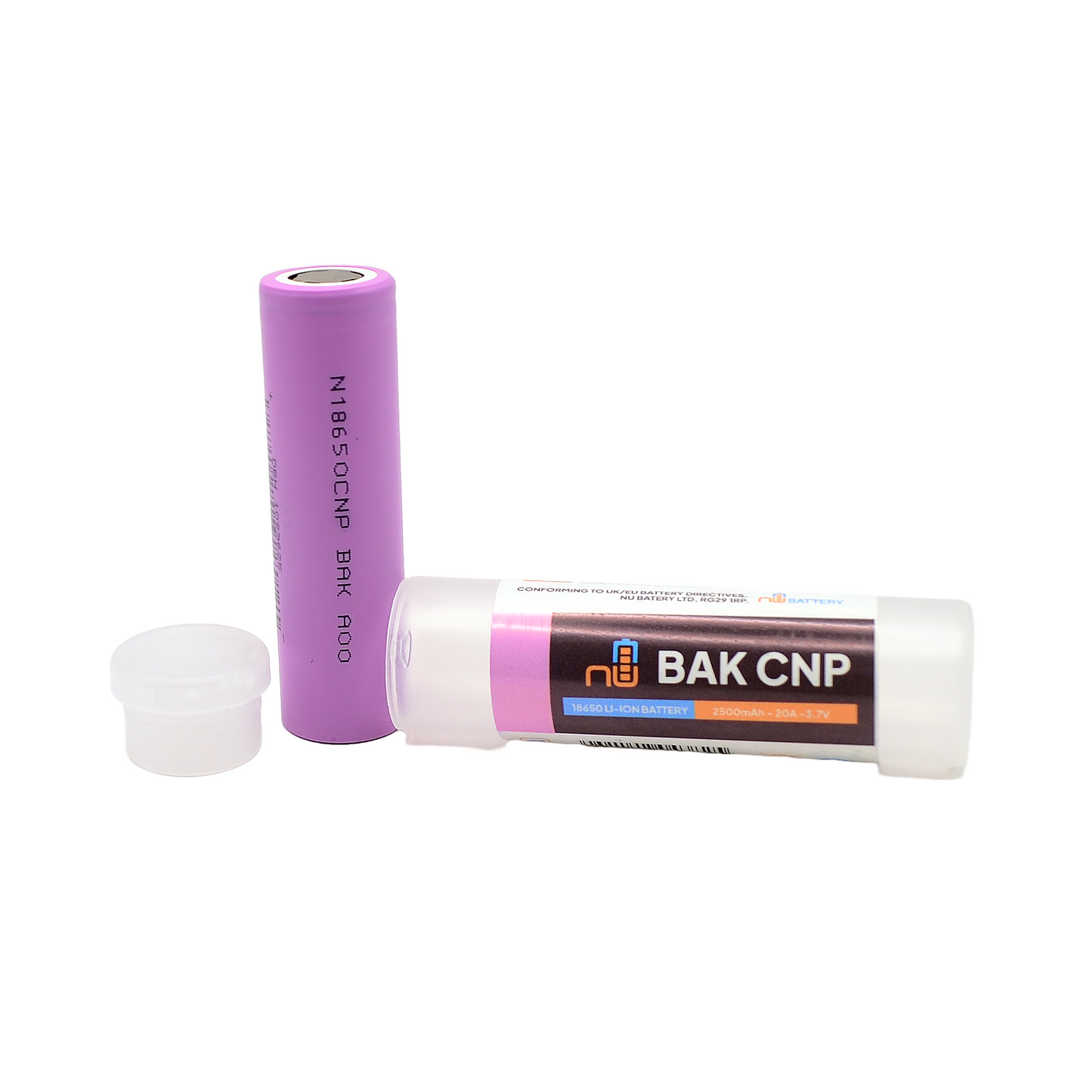 Purple BAK CNP 18650 lithium-ion battery alongside a branded storage tube labeled 2500mAh and 3.7V