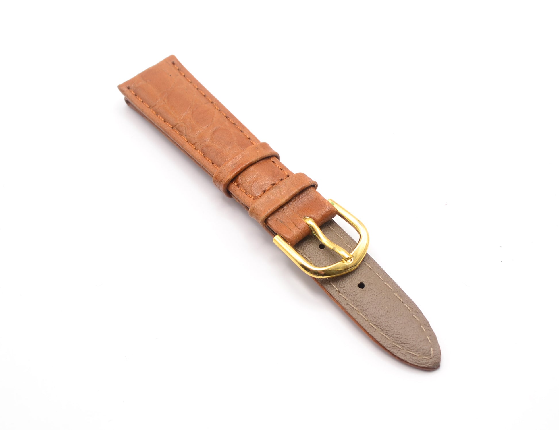 Tan leather watch strap with gold buckle, front view.