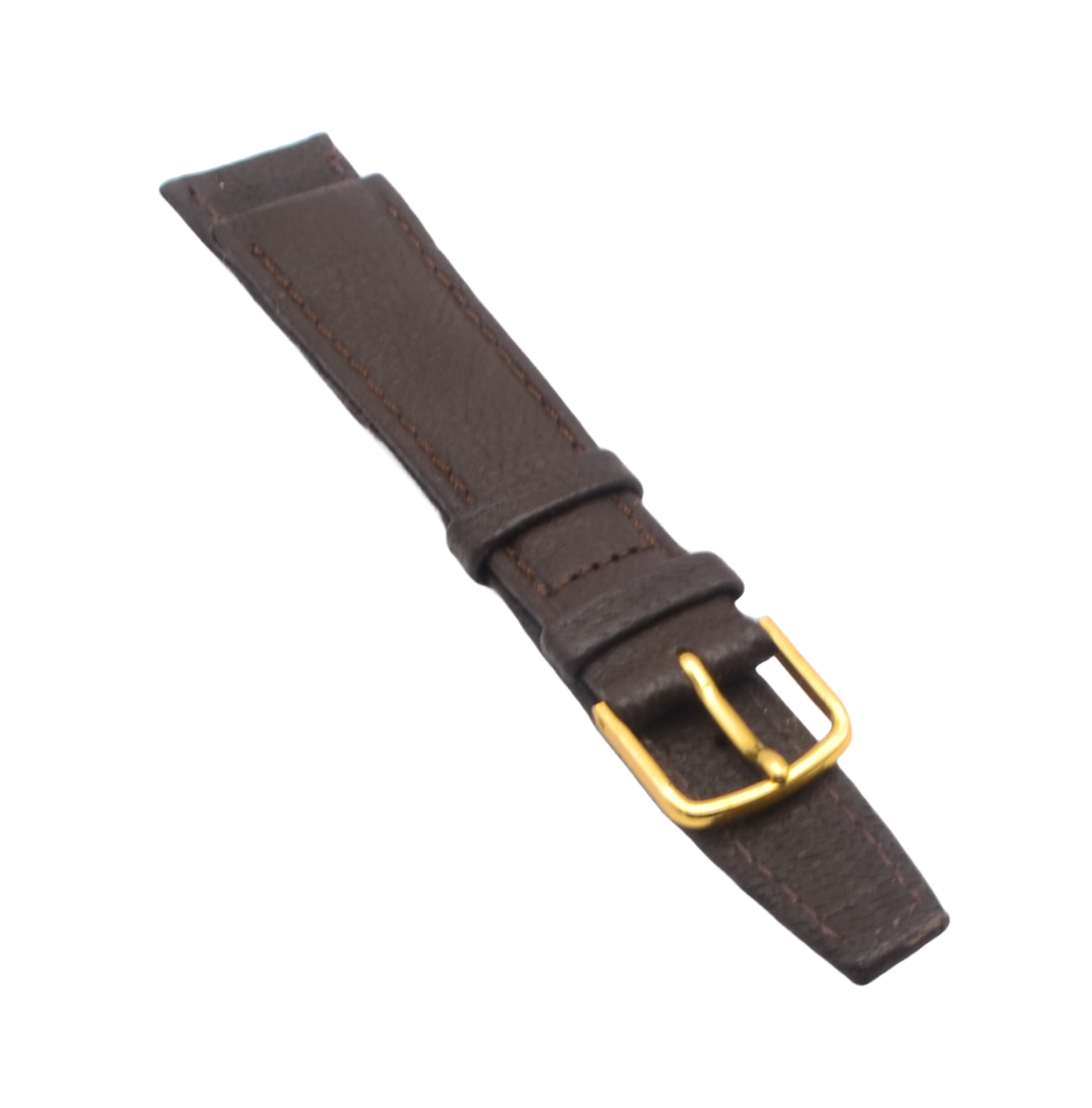 A close-up of a brown genuine leather watch strap with contrast stitching and a polished gold-plated buckle, angled to showcase the high-quality craftsmanship. Suitable for watches with an 18mm lug width.