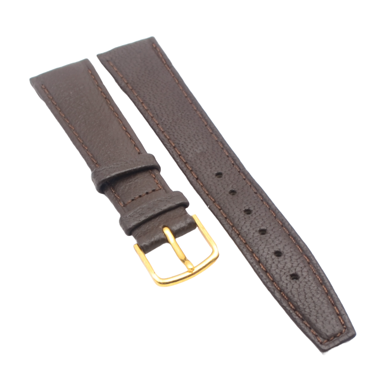 Two pieces of a brown genuine leather watch strap displayed flat, showing the front side with contrast stitching and the polished gold buckle. The strap is designed for an 18mm lug width.