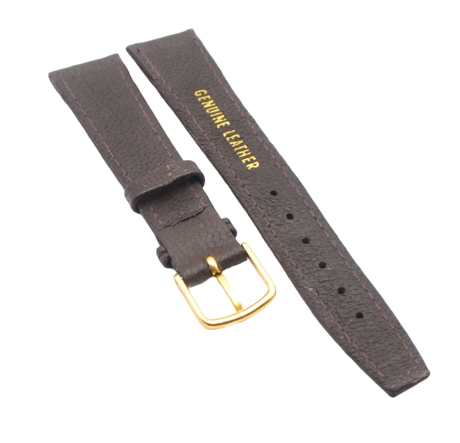 Underside view of a brown genuine leather watch strap, featuring "Genuine Leather" embossed in gold text. Both strap pieces are displayed flat, with a gold-plated buckle visible on the shorter piece.