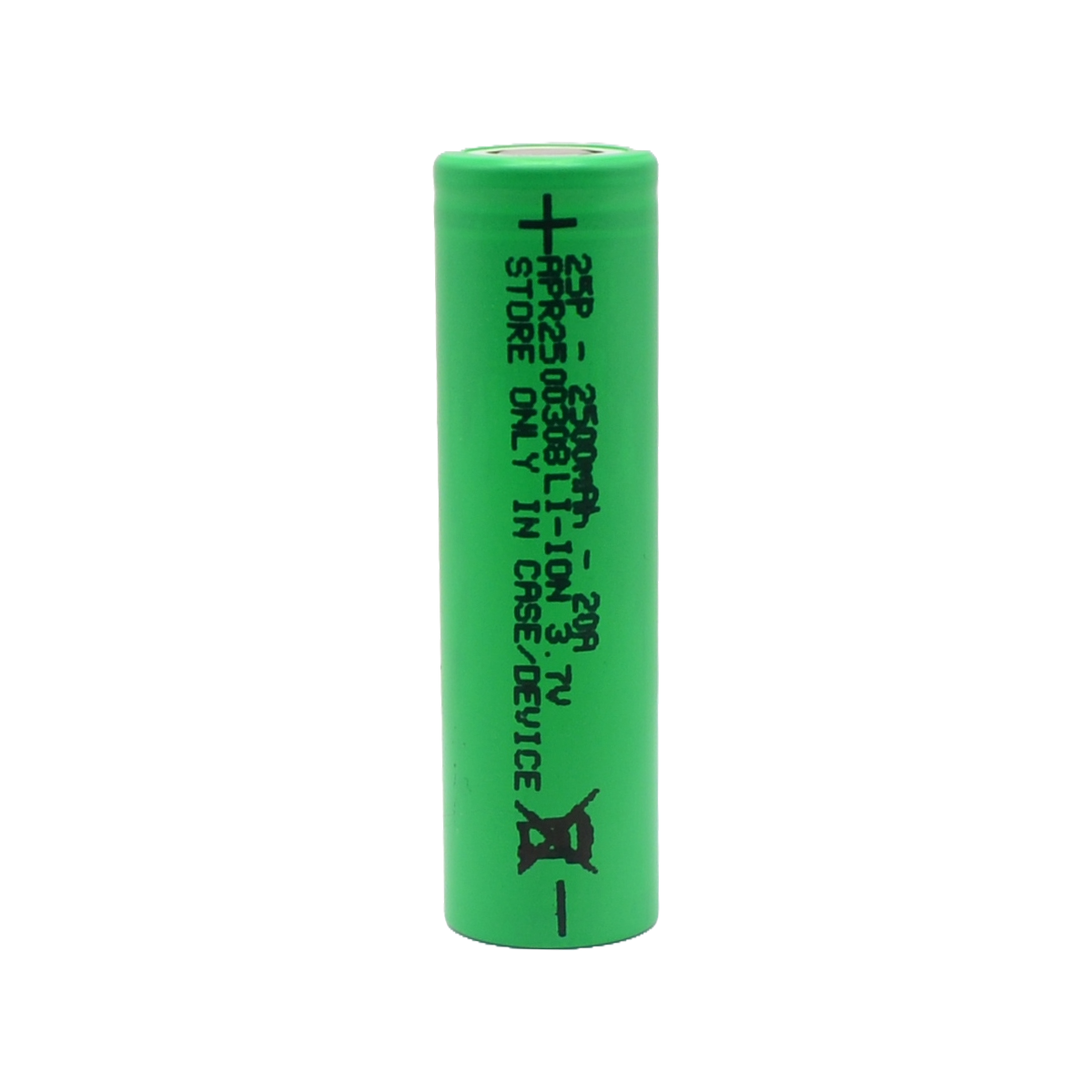 EVE 25P 18650 lithium-ion battery in green casing, showing specifications including 2500mAh capacity and 20A discharge rate.