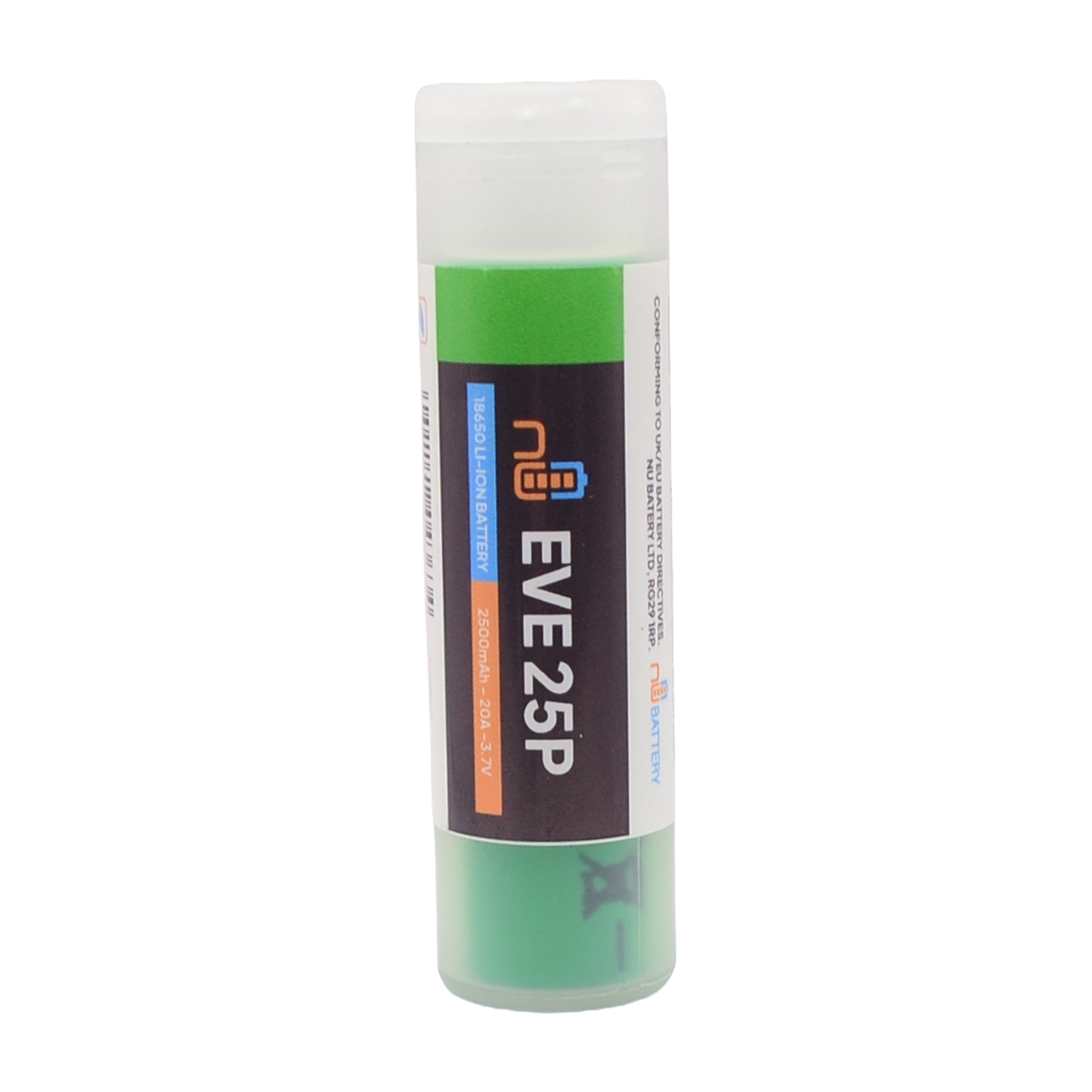 EVE 25P 18650 battery in a transparent storage tube, labeled 2500mAh, 20A, and 3.7V.