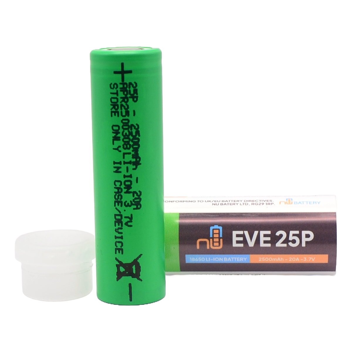 EVE 25P lithium-ion battery displayed with protective case, highlighting high-drain performance and detailed specifications.