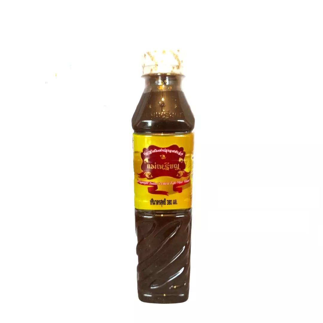 Front view of Mae Rien Fermented Fish Sauce bottle with yellow and red label, designed for papaya salad and other Thai dishes.