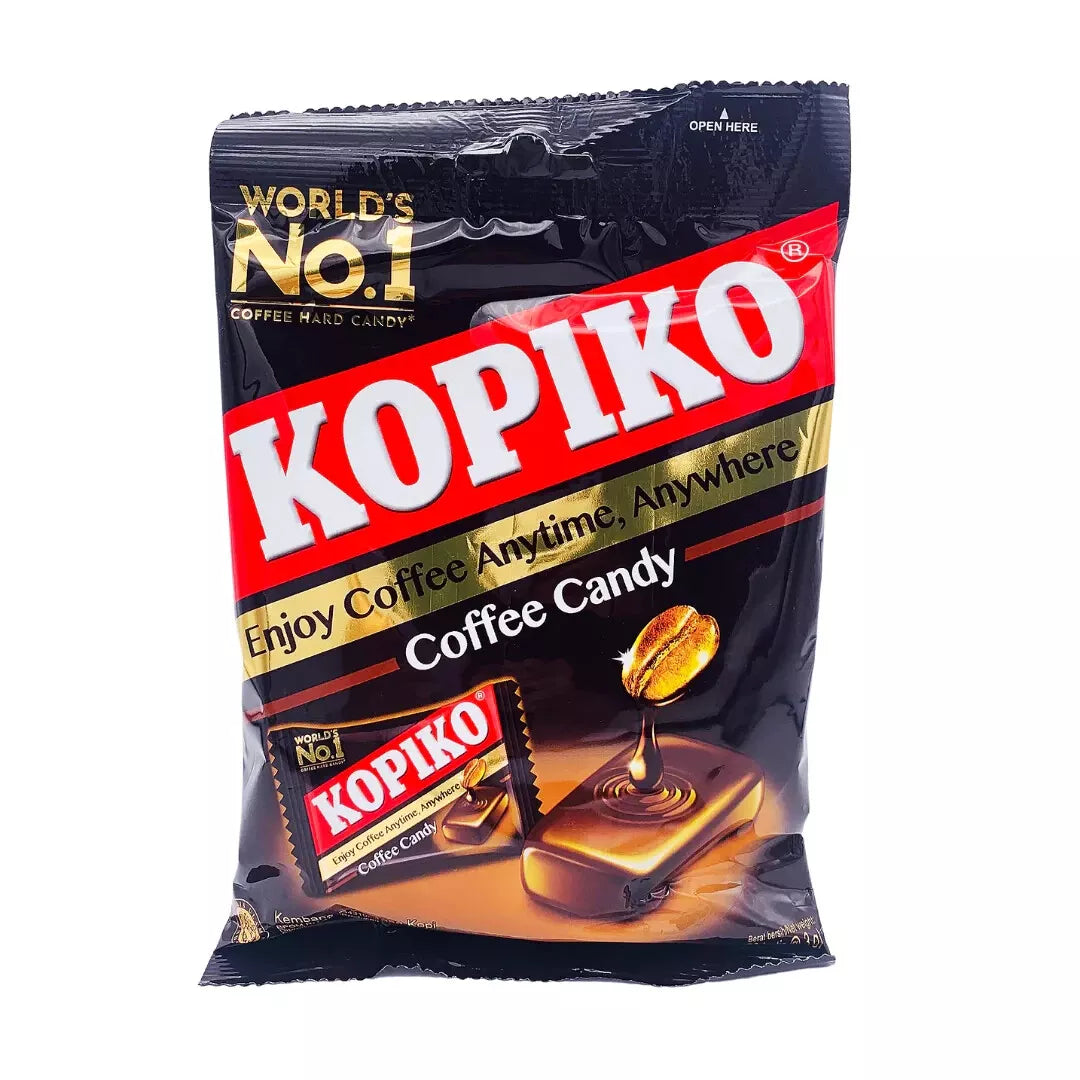 Front view of Kopiko Coffee Candy packaging, showcasing the world's No.1 coffee hard candy branding, with the slogan 'Enjoy Coffee Anytime, Anywhere' and an image of coffee candies with a coffee bean design.