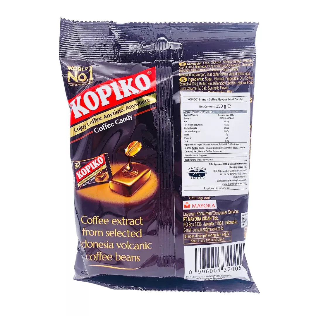 Back view of Kopiko Coffee Candy packaging, displaying product details, ingredients, nutritional information, and the 'Made from Indonesian volcanic coffee beans' label.