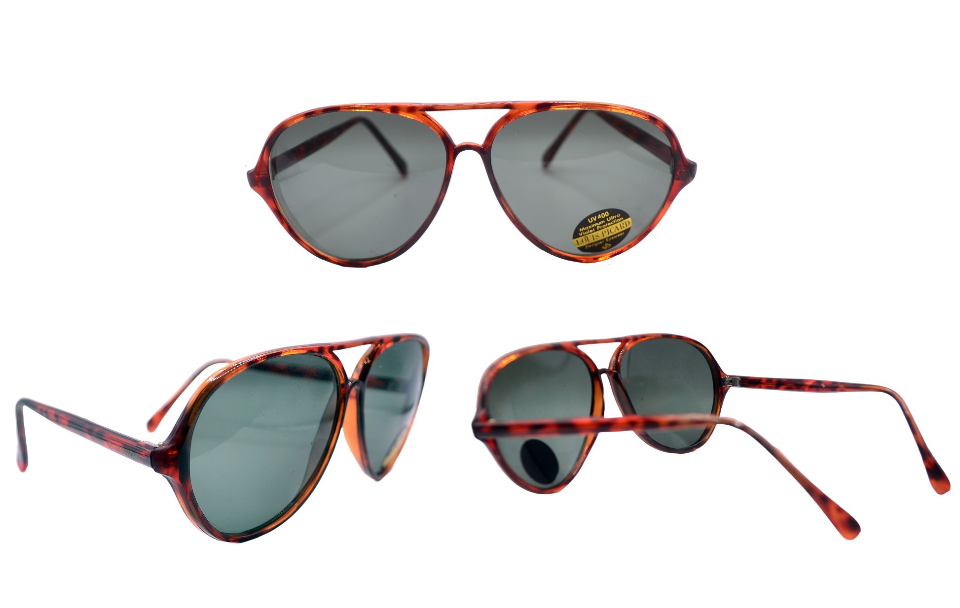 Three views of brown tortoiseshell sunglasses with green lenses, labeled "UV 400 Protection - Louis Picard." The images show the sunglasses from the front and two side angles, highlighting the classic style and sleek design.