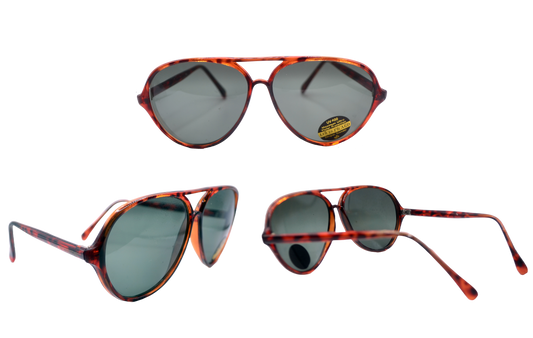 Three views of brown tortoiseshell sunglasses with green lenses, labeled "UV 400 Protection - Louis Picard." The images show the sunglasses from the front and two side angles, highlighting the classic style and sleek design.