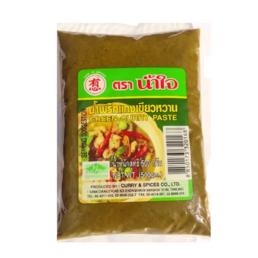 Front packaging of Nam Jai Green Curry Paste 500g featuring its vibrant design and serving suggestion.