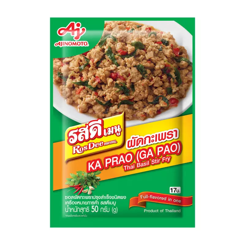 Front of RosDee menu Ka Prao (Thai Basil Stir Fry) seasoning mix 50g package featuring an image of a Thai basil stir fry dish with branding and product details.