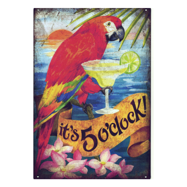 Retro metal sign featuring a tropical parrot with a margarita and the text "It's 5 O'Clock." Perfect for pubs, home bars, or tropical-themed décor.