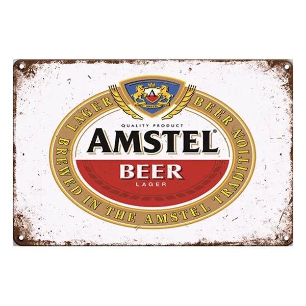 Retro Amstel Beer aluminium sign featuring the Amstel logo and branding, 20cm x 30cm, with pre-drilled holes for mounting.