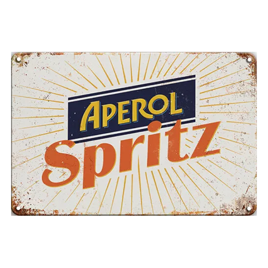 Aperol Spritz retro-style aluminium sign featuring the classic Aperol logo, 20cm x 30cm, with pre-drilled holes for easy mounting.