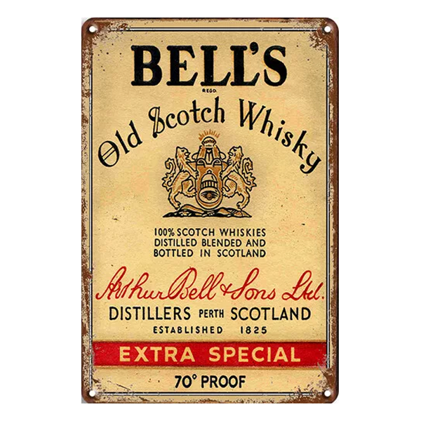 Retro Bell's Old Scotch Whisky metal sign featuring vintage branding and aged design, perfect for home bars, pubs, or whisky collectors.