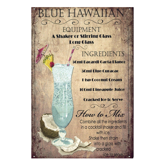 Retro Blue Hawaiian aluminium wall sign featuring cocktail recipe and vibrant tropical design, perfect for home bars, pubs, and man caves.