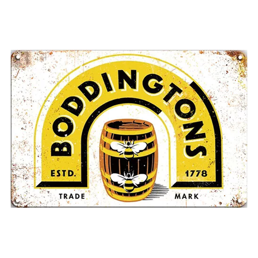 Retro-style Boddingtons aluminium sign featuring a barrel and bee design with the text "Boddingtons Trade Mark Est. 1778", measuring 20cm x 30cm with pre-drilled holes for mounting.