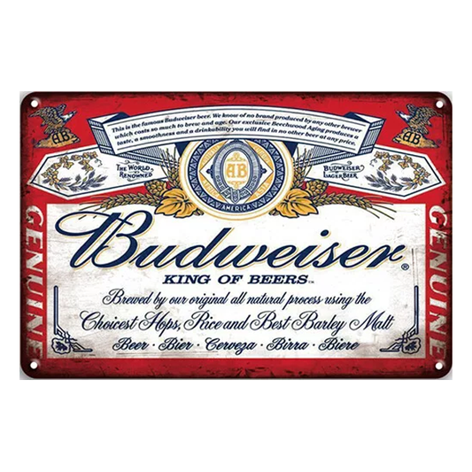 Budweiser King of Beers retro aluminium sign with the classic Budweiser logo and slogan, 20cm x 30cm, featuring four pre-drilled holes for easy mounting.