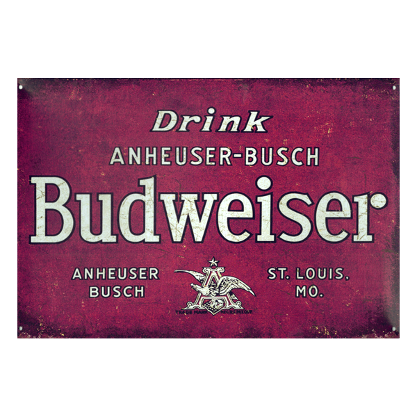 Retro metal sign featuring vintage Budweiser branding in red with "Anheuser-Busch" details, perfect for pubs, home bars, or man caves.