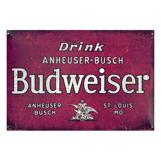 Retro metal sign featuring vintage Budweiser branding in red with "Anheuser-Busch" details, perfect for pubs, home bars, or man caves.