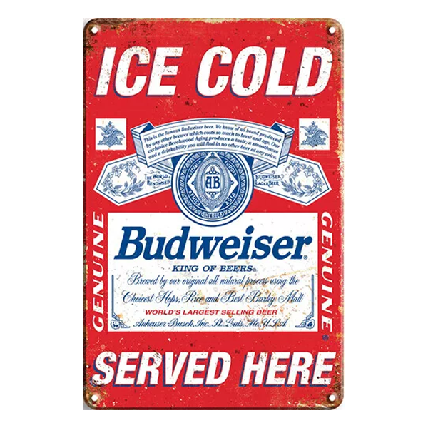 Vintage Budweiser aluminium sign featuring the text "Ice Cold Served Here" and iconic branding with a distressed, retro design. Perfect for home bars and pubs.