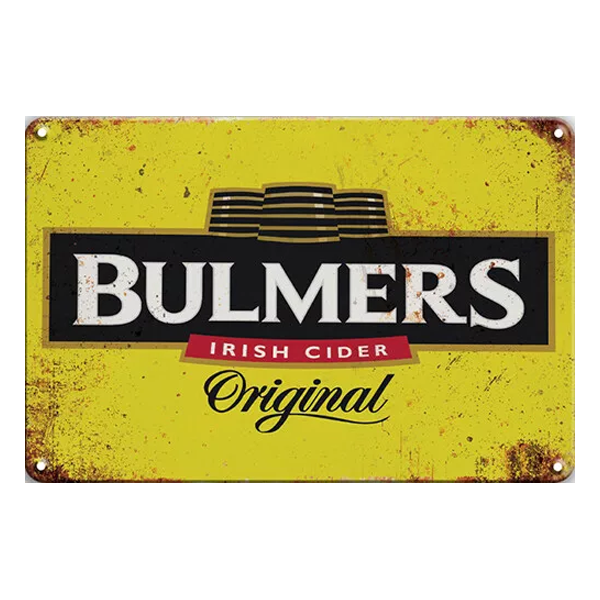 Vintage-style Bulmers Irish Cider aluminium sign measuring 20cm x 30cm, featuring the classic Bulmers logo and branding, with four pre-drilled holes for mounting.