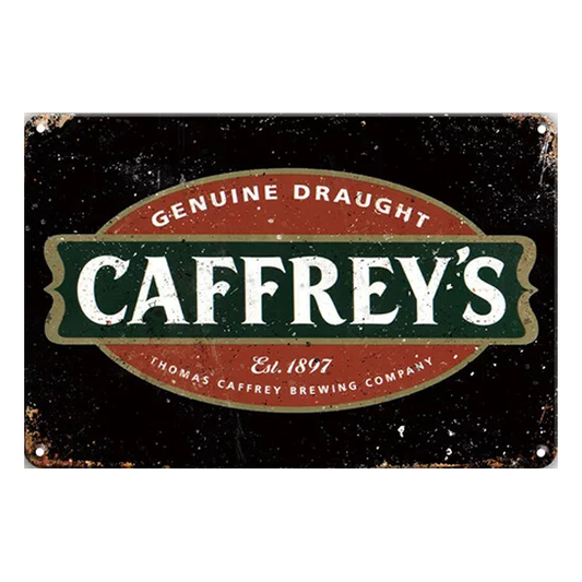 Retro-style Caffrey's Genuine Draught aluminium sign featuring the Thomas Caffrey Brewing Company logo, ideal for pubs, man caves, and home bars.