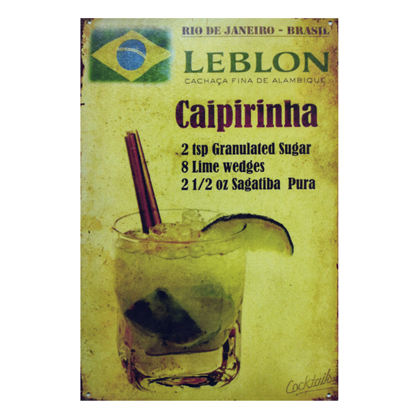 Retro Caipirinha aluminium wall sign with Brazilian cocktail recipe, ideal for home bars, pubs, or man caves