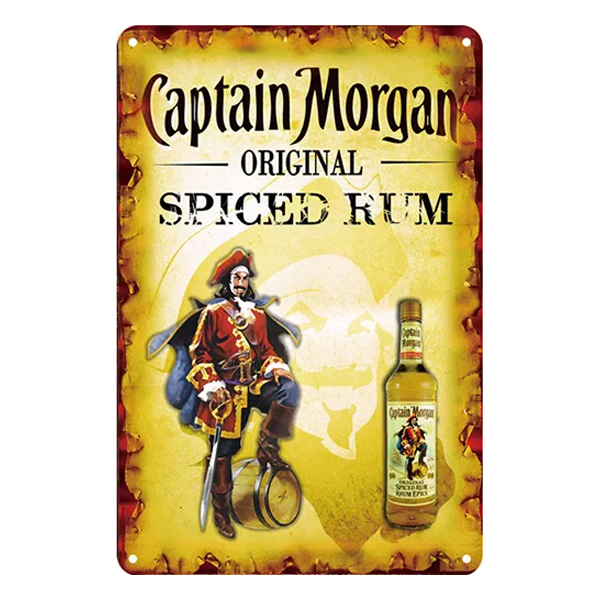 Retro Captain Morgan Original Spiced Rum metal sign featuring a classic pirate design and rum bottle, perfect for home bars, pubs, or man caves.