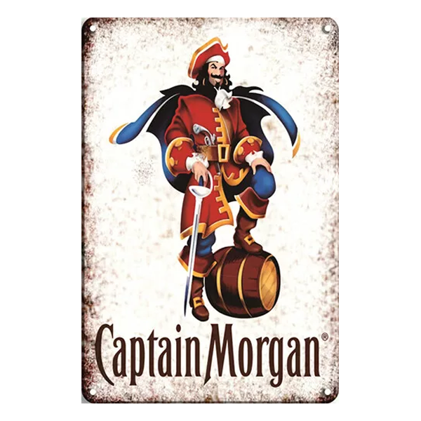 Captain Morgan retro metal sign featuring the iconic pirate figure standing on a barrel, ideal for home bars, pubs, or rum enthusiasts.