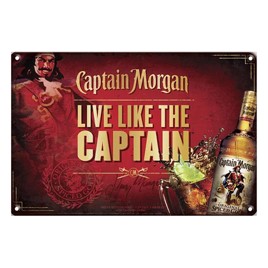 Captain Morgan "Live Like the Captain" retro metal sign featuring a rum bottle and cocktail design, perfect for home bars or pubs.