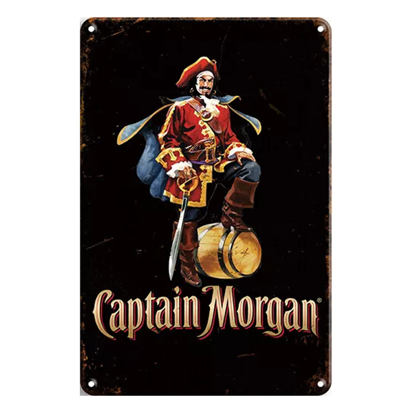 Retro Captain Morgan metal sign featuring the iconic pirate figure on a barrel with a black background, perfect for bars and rum enthusiasts.