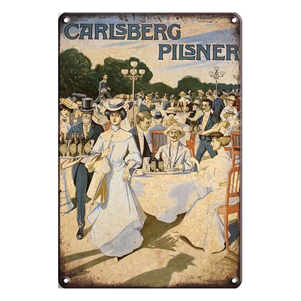 Vintage Carlsberg Pilsner metal sign with an elegant garden party scene and classic branding.