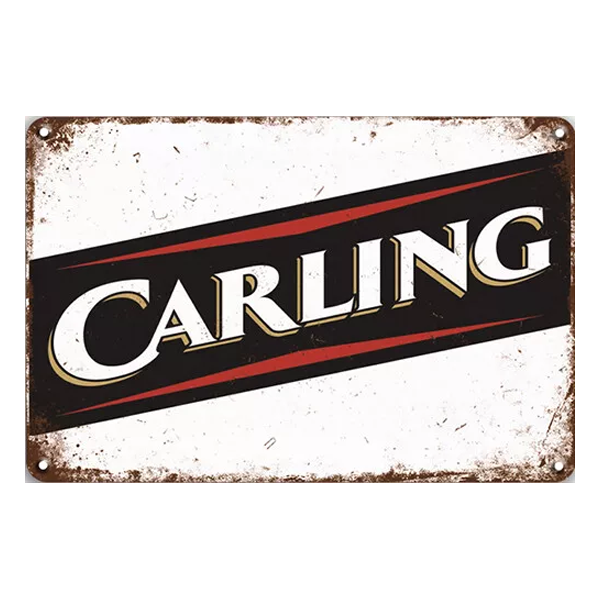 Retro-style Carling aluminium sign measuring 20cm x 30cm, featuring the iconic Carling logo in black and red with a vintage finish and four pre-drilled holes.