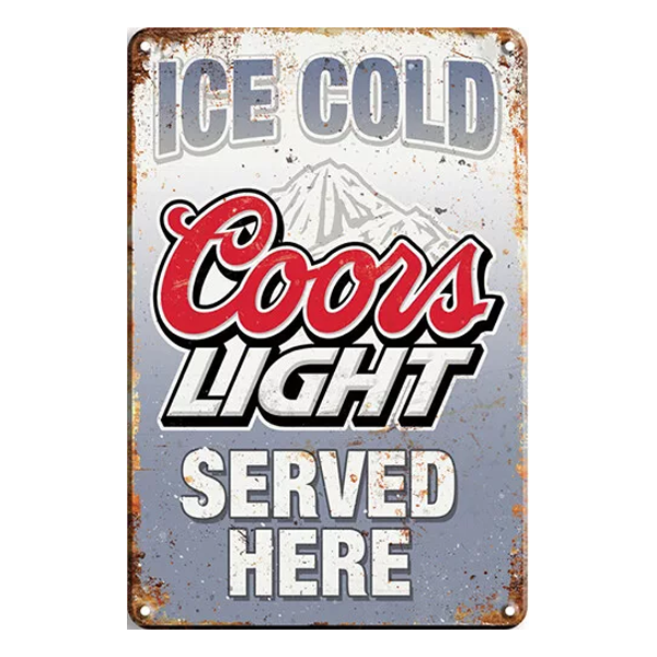 Vintage Coors Light aluminium sign featuring the text "Ice Cold Served Here" with iconic mountain imagery and a weathered retro design. Perfect for bars and man caves.