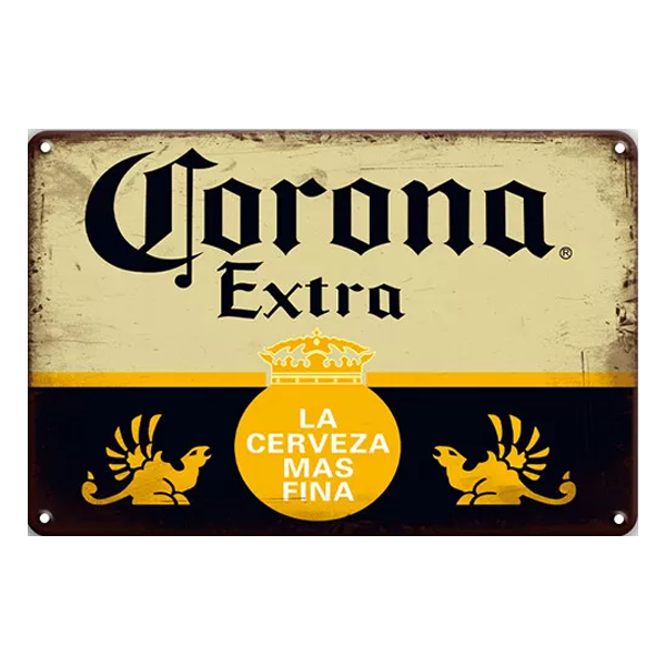 Retro aluminium sign featuring the Corona Extra logo and the text "La Cerveza Más Fina" with a yellow and black design. Perfect for bars, pubs, and man caves.