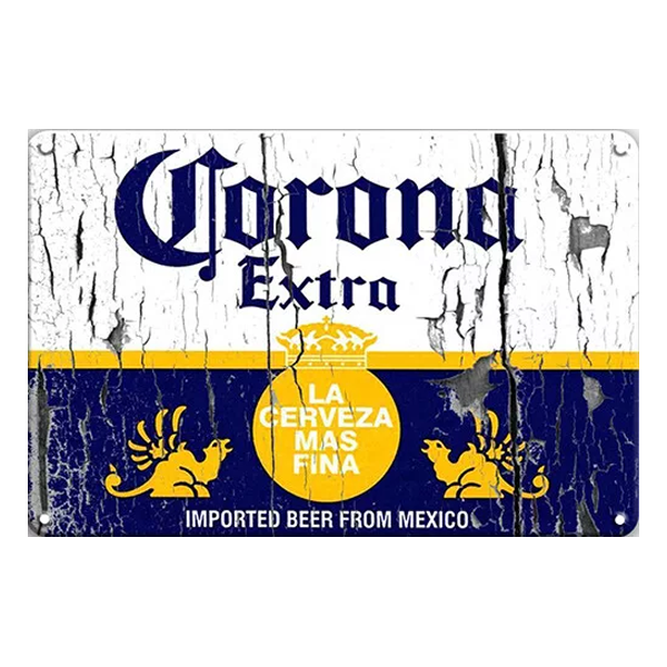 Rustic vintage-style aluminium sign with the Corona Extra logo, the text "La Cerveza Más Fina," and a distressed finish. Perfect for home bars, pubs, and man caves.