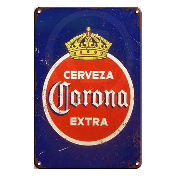 Vintage-style aluminium sign featuring the iconic Cerveza Corona Extra logo with a golden crown on a red and blue background. Ideal for pubs, bars, and man caves.