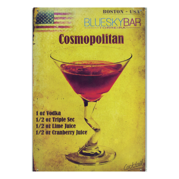 Vintage Cosmopolitan Cocktail aluminium sign with a yellow background, cocktail image, and recipe, ideal for home bars and pubs.