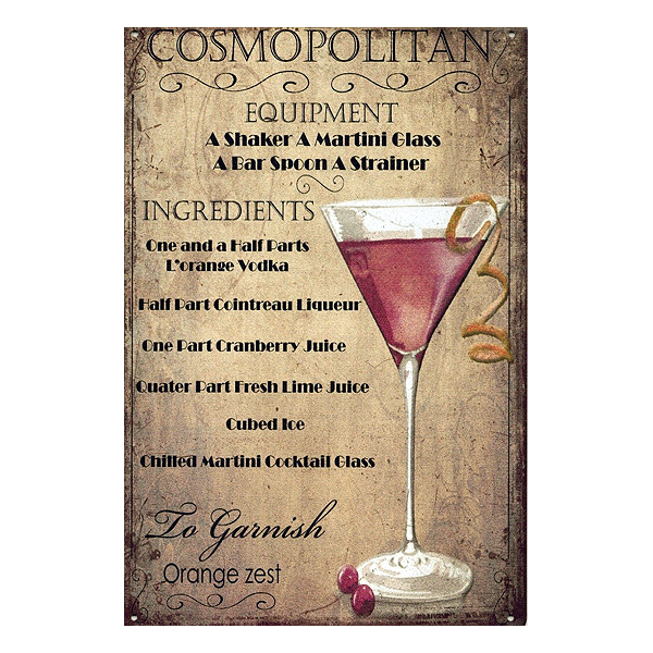 Retro Cosmopolitan aluminium wall sign featuring cocktail recipe and vintage design, ideal for home bars, pubs, and man caves