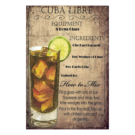 Retro Cuba Libre aluminium wall sign featuring cocktail recipe and vintage design, ideal for home bars, pubs, and man caves.