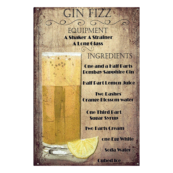 Retro Gin Fizz aluminium wall sign featuring cocktail recipe and vintage design, ideal for home bars, pubs, and man caves.